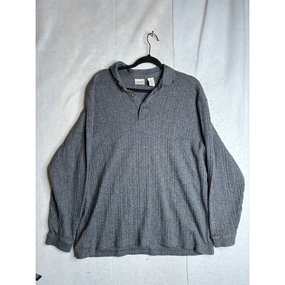 Fieldmaster Mens Large Grey Ribbed 100% Cotton Long Sleeve Polo Shirt Vintage